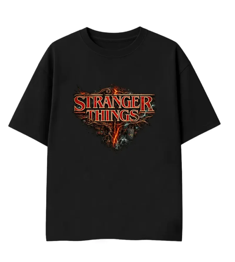 stranger things front mockup stranger things series, hawkins oversized tshirt, upside down, eleven, black,
